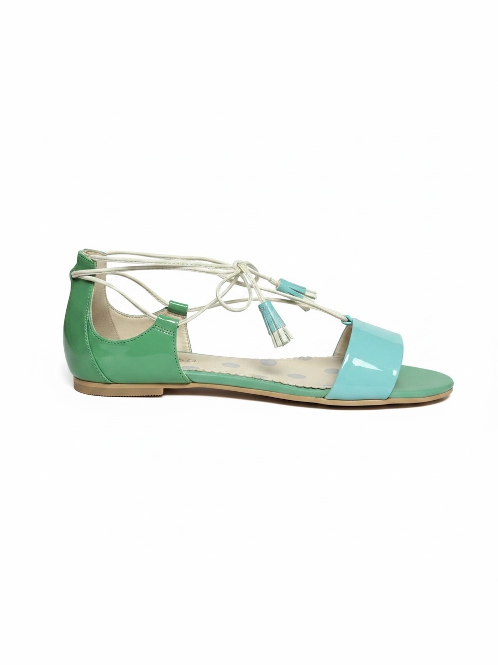 NWOT Boden Green and Aqua Lace-Up Patent Flat Sandals